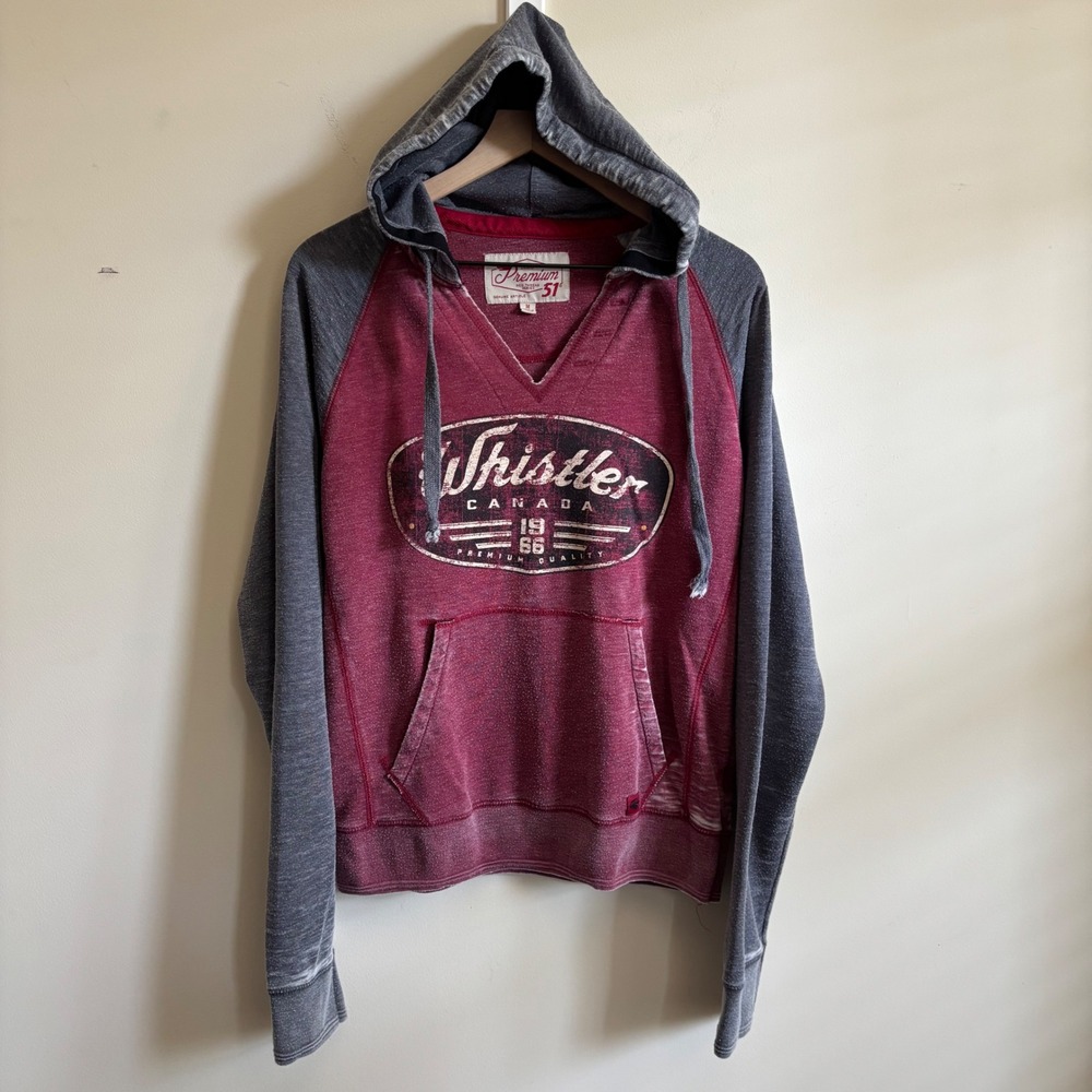 Premium 51 Whistler Canada Hoodie Mens Medium Red Grey Raglan V-Neck Pullover